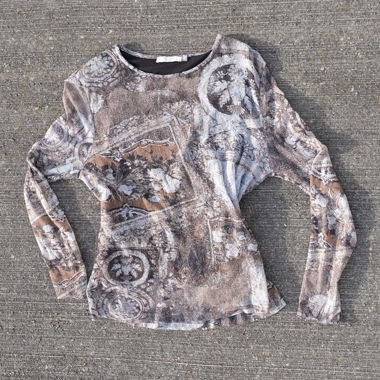 top manica lunga in pizzo stampato paisley marrone y2k