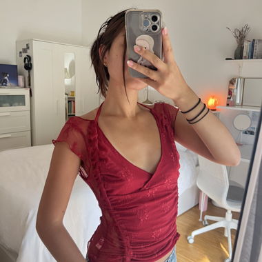 fairycore dark red mesh top with floral details