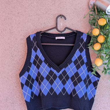 Smanicato corto in maglia con motivo argyle blu