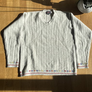 Beige Knit Pullover with Color Trim 