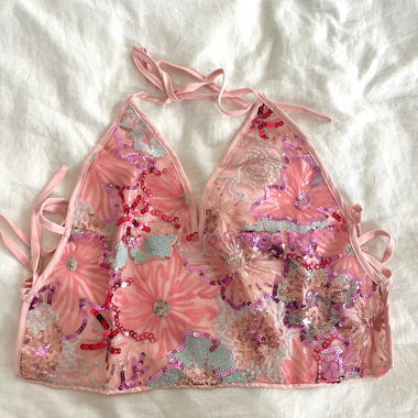 Rosa Pailletten Blumen Neckholder Top
