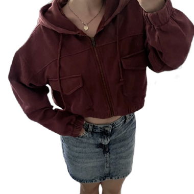 Bordeaux Cropped Zip Hoodie mit Kapuze