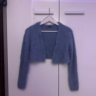 blue zara fluffy cardigan, never worn but no tags