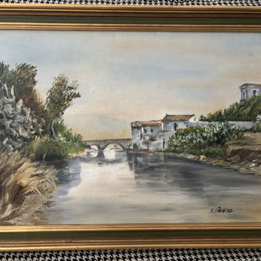 Dipinto paesaggio fluviale con ponte