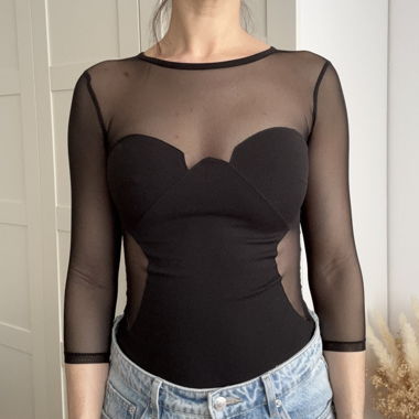 Bershka schwarzer Mesh-Body mit langen Ärmeln