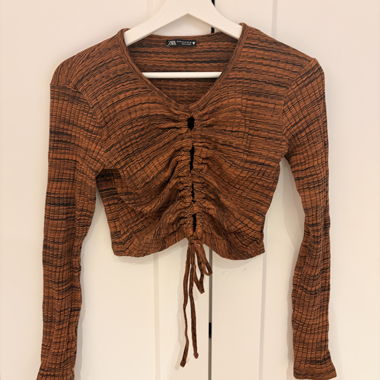 ZARA ruched brown long sleeve crop top