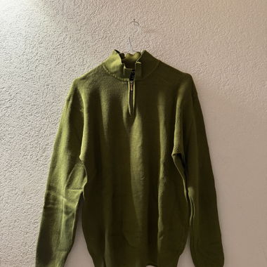 Green New Yorker sweater with zipper.
