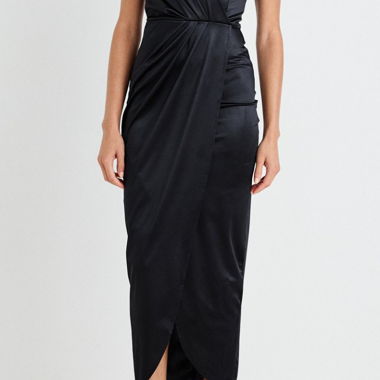 Schwarzes Satin-Midikleid