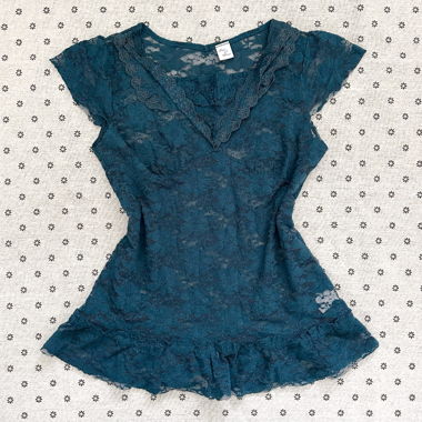 japanisches Vintage: Teal-Spitzentop mit Cap-Sleeves