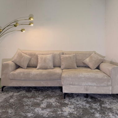 Elegant corner sofa in cord fabric with storage