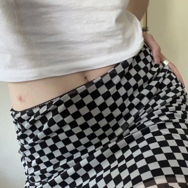 white and black checkered mini skirt