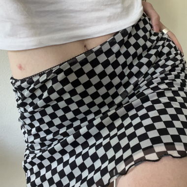 white and black checkered mini skirt