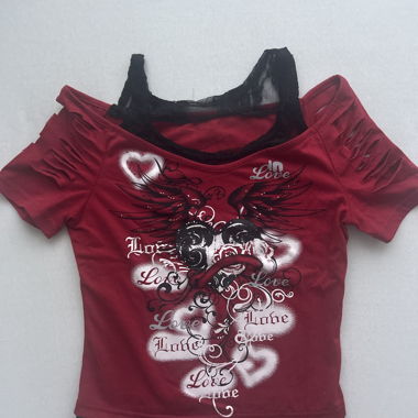 Red print top with lace