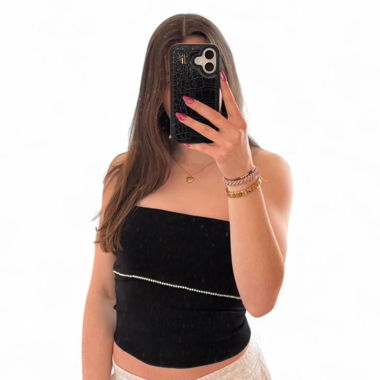 Top tubino nero senza spalline con pietre luccicanti