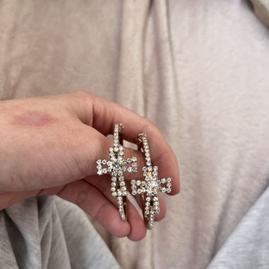Gold Hoop Earrings with Dangling Crosses and Rhinestones