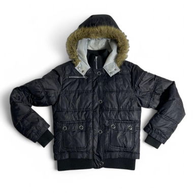 2000s Black puffer jacket with a fur hood 