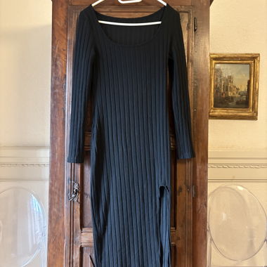 Black Plissé Dress with Long Sleeves