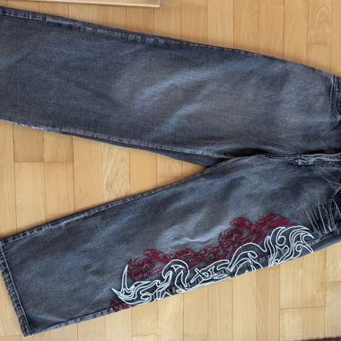 Jean large brode gris