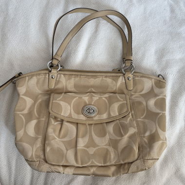 vintage big gold & beige coach shoulder bag