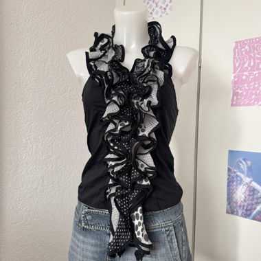 Vintage Black Neckholder Ruffle Top (S)