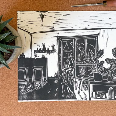 Lino print "Comfy Abode" - Cozy living room