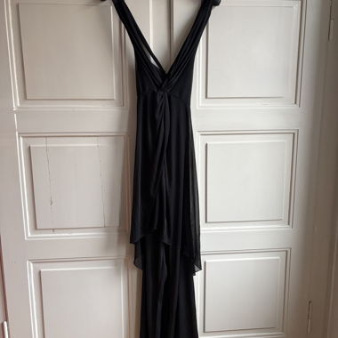 Black long jumpsuit with attached overlay, size 42