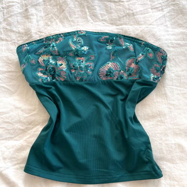 Teal Strapless Sequin Floral Mesh Tube Top
