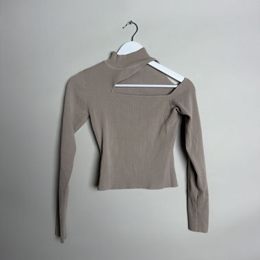 Beige Ribbed Mock Neck Top
