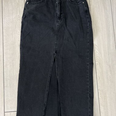 Long black denim skirt with front slit