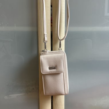 Beige phone pouch with shoulder strap