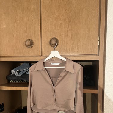 Cropped Button Up Satin Champagne Shirt