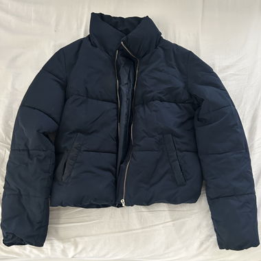blue puffer jacket