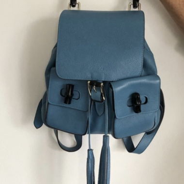 Gucci Rucksack aus blauem Leder mit Bambusgriff