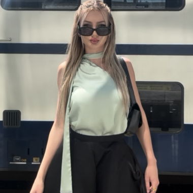 Mint satin asymmetric sleeveless top