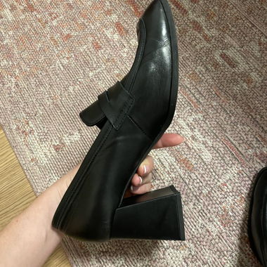 Black square-toe heeled loafers