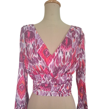Vintage Ikat Blouse 38 Long Sleeves with Back Tie