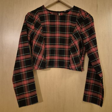 Blusa Crop a Quadri con Maniche Lunghe