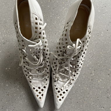 White Lace-Up Shoes with Brogue Pattern