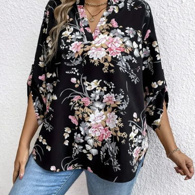 Schwarze Blumenbluse grosse Grössen