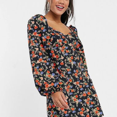 Robe fleurie noire à manches longues ASOS