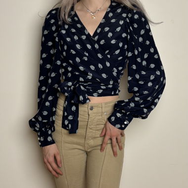 Vintage Real Silk Wrap Blouse Navy