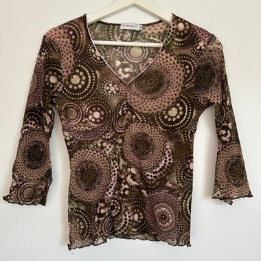 Brown Y2K mesh long sleeve top with ruffle details