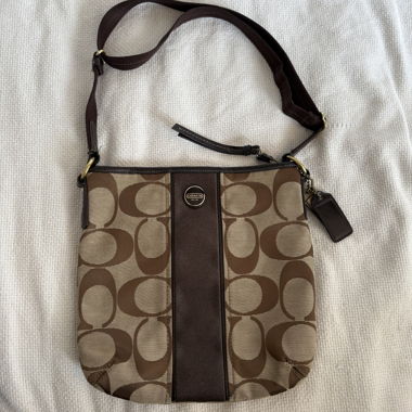 brown & beige coach monogram crossbody bag