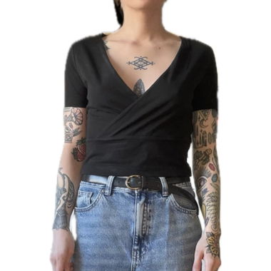 Black wrap V-neck short sleeve top