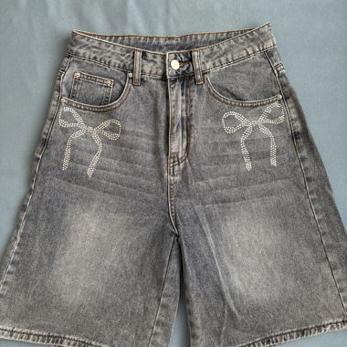 Grey Denim Shorts with Rhinestone Bow