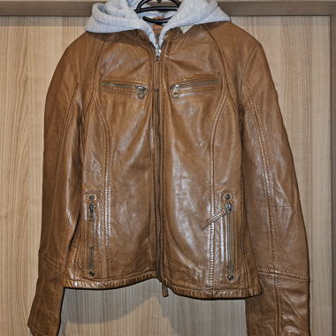Brown leather jacket with hood