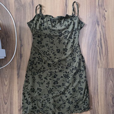 Olive Slip Dress with Floral Pattern