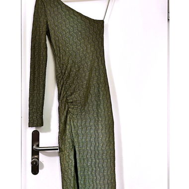 Elegant One-Shoulder Shimmer Midi DressOlive Green