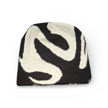 Black and white beanie with abstract pattern