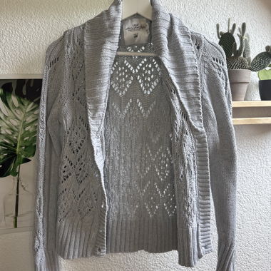 Graue hellblaue Strickjacke